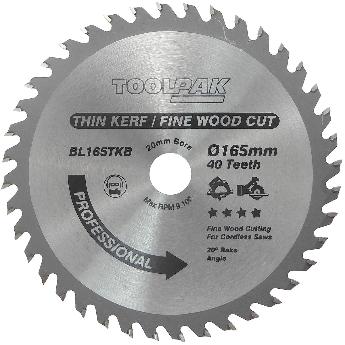 165mm x 20mm x 40T Thin Kerf Cordless TCT Saw Blade